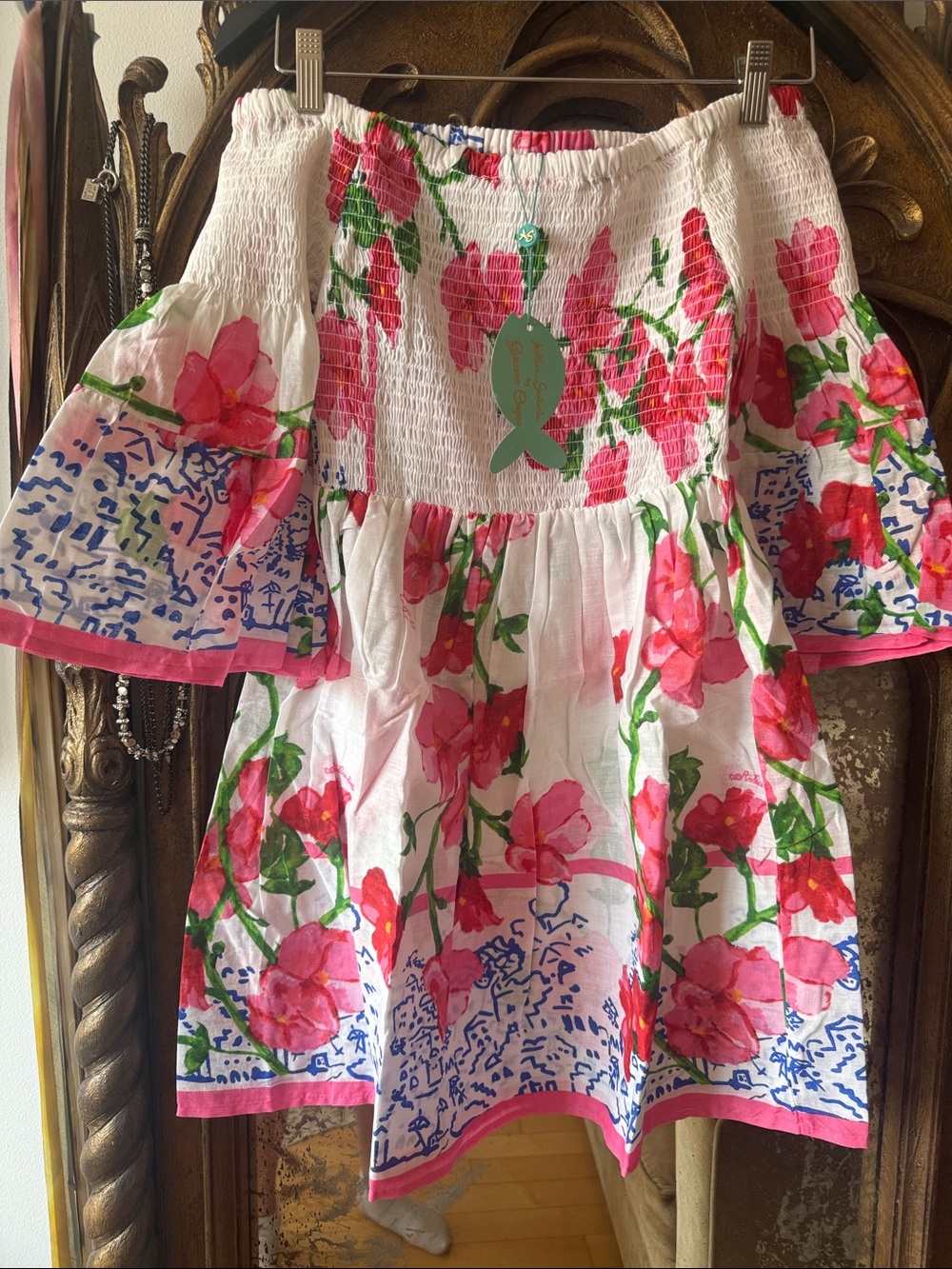 Antica Sartoria Floral Off-Shoulder Smocked Summer Dress with Pink & Blue Print